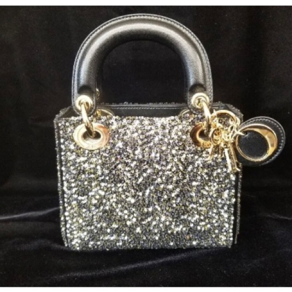 Mini Lady Dior bag with silver and gold sequins.